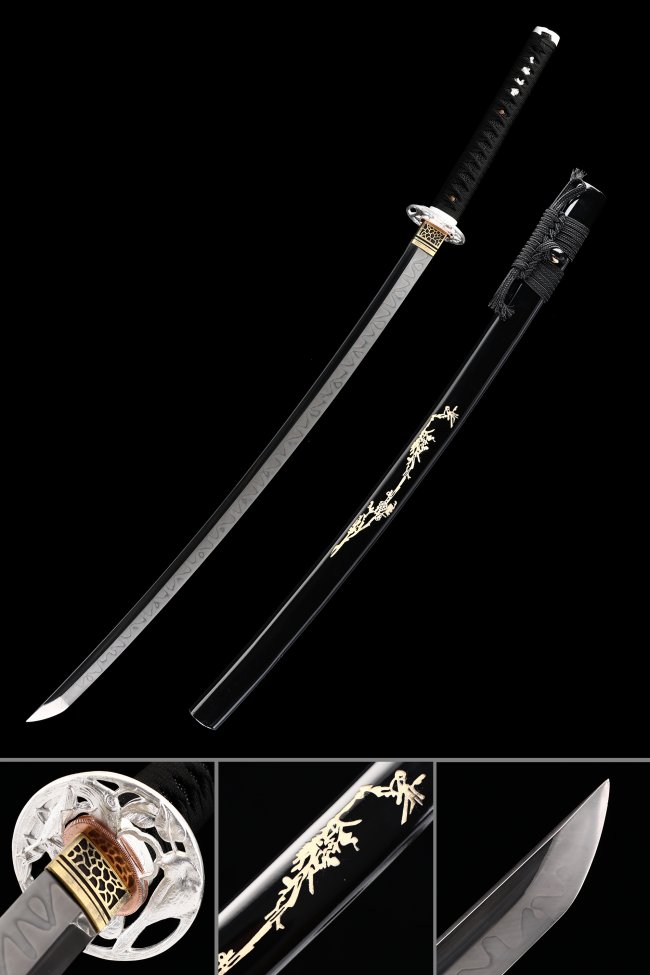 Ornate Scroll Tsuba T10 Carbon Steel Katana, Folded Steel, Handmade & Black Cherry Blossom Saya