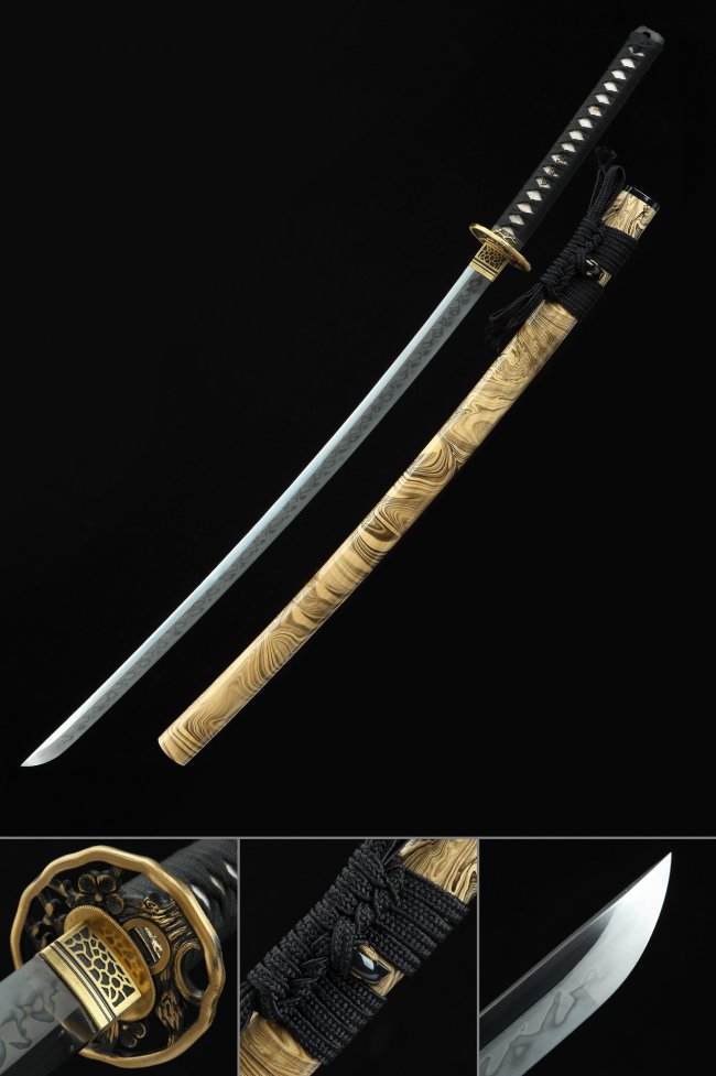 T10 Steel Katana with Natural Wood Saya, Gold Flower Tsuba & Wave-Engraved Blade - Full Tang