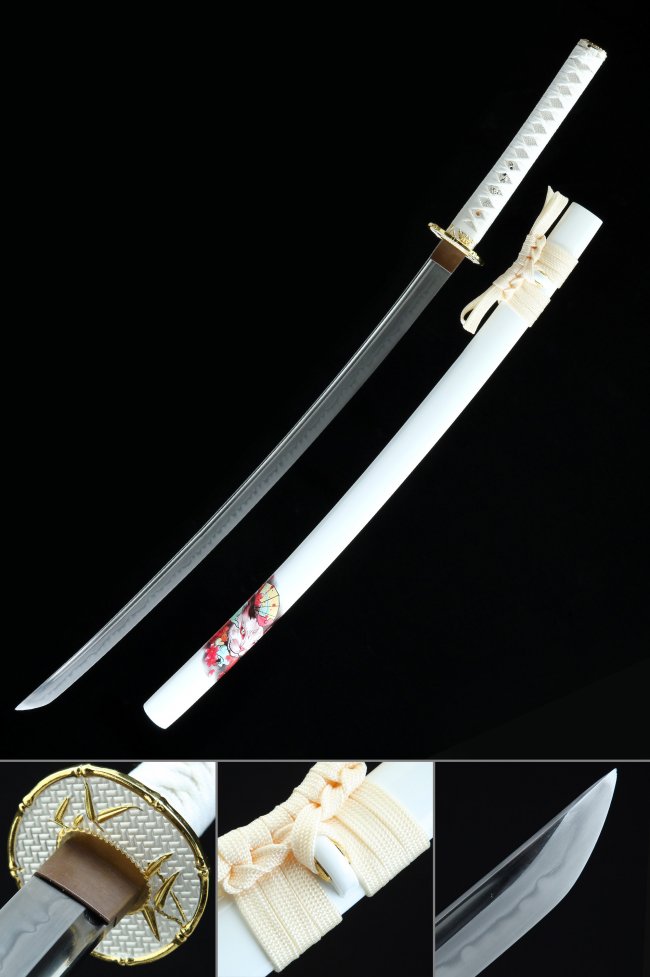 T10 Carbon Steel Katana with Real Hamon - White Saya, Gold Bamboo Tsuba & White Ito