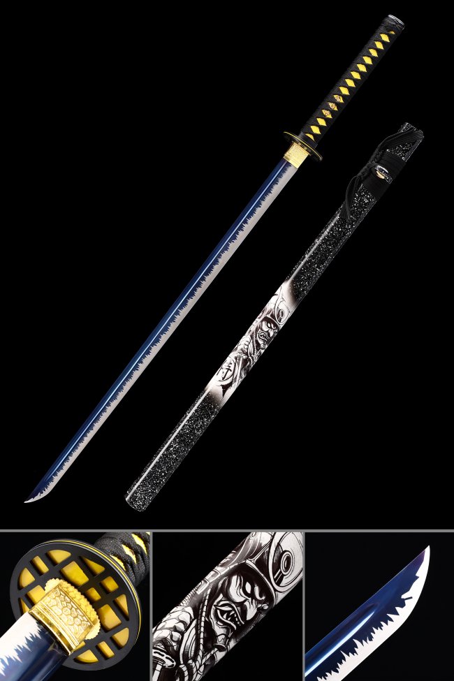 Manganese Steel Ninjato with Blue Blade, Samurai-Engraved Saya in Black-Gold Koshirae