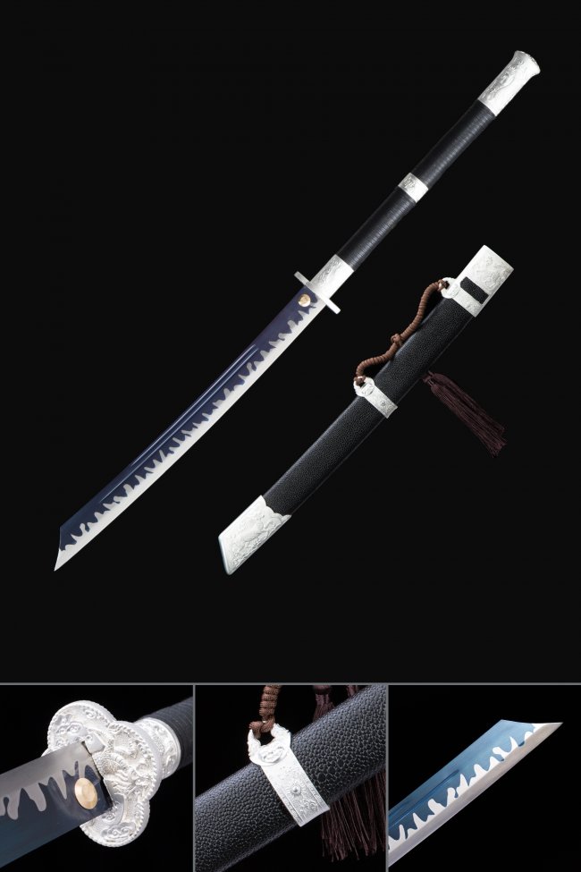 Handmade High Manganese Steel Blue Blade Podao Chinese Dao Broadsword With Black Leather Scabbard
