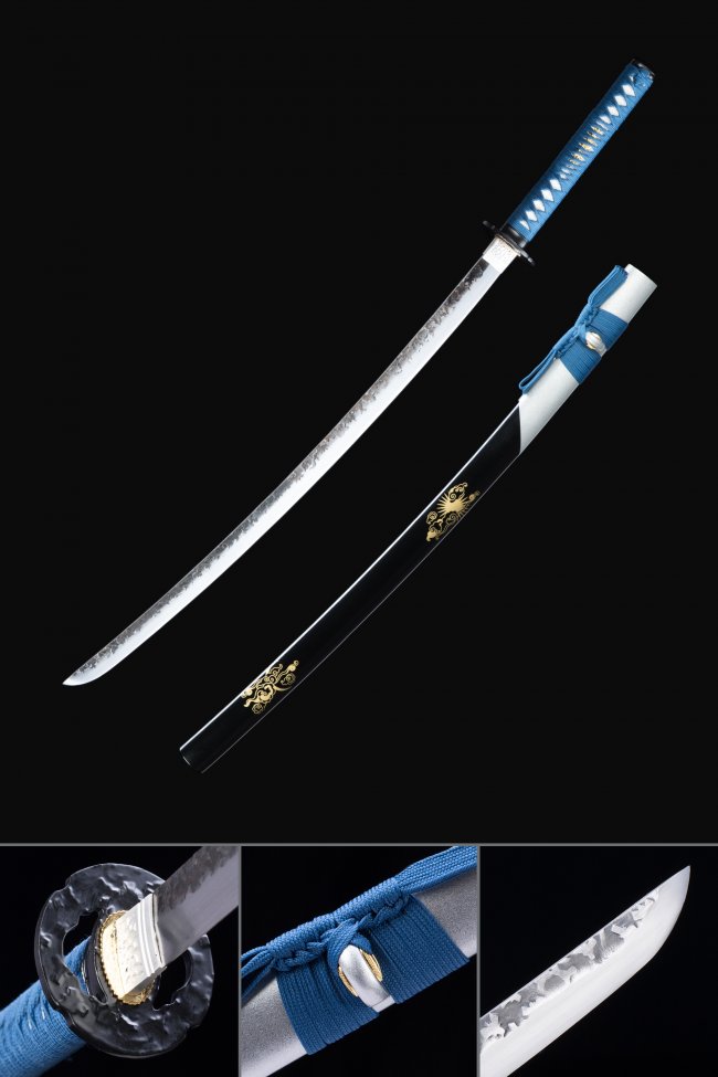 Round Plain Tsuba T10 Carbon Steel Katana, Full Tang, Handmade & Black Cloud Saya