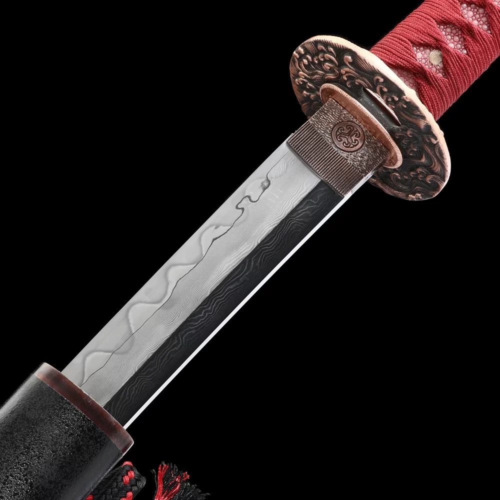 Authentic Katana | Damascus Steel Katana with Wave Tsuba - Red Ito
