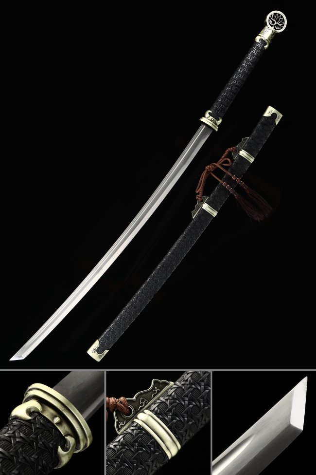 Full Tang Manganese Steel Katana with Black Leather Saya - Gold Alloy Fittings, 43 Inch