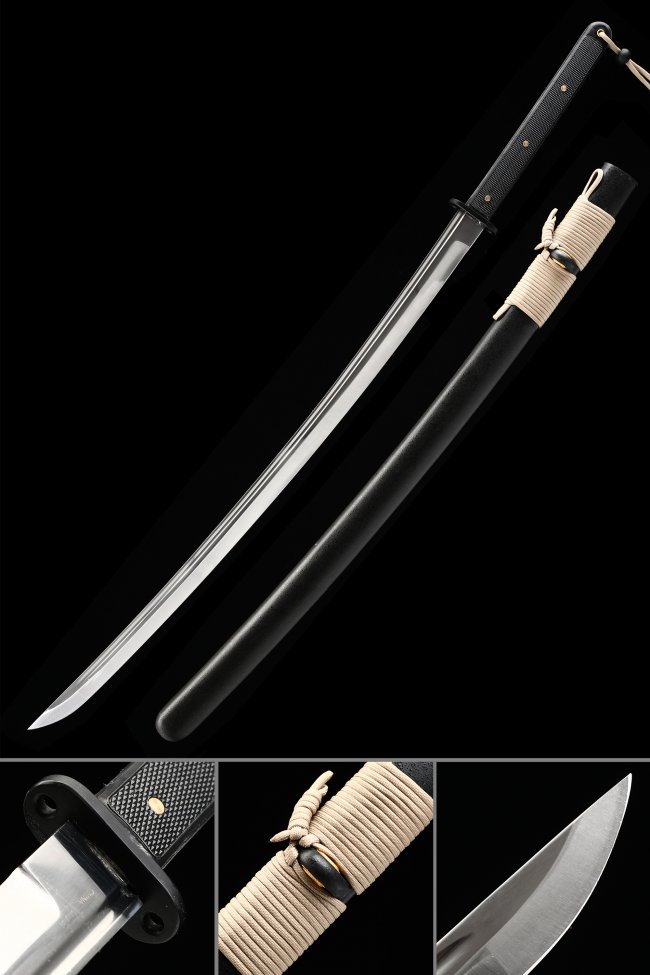 1065 Steel Katana with Black Matte Hardwood Saya - Full Tang, Beige Sageo, Plain Oval Tsuba