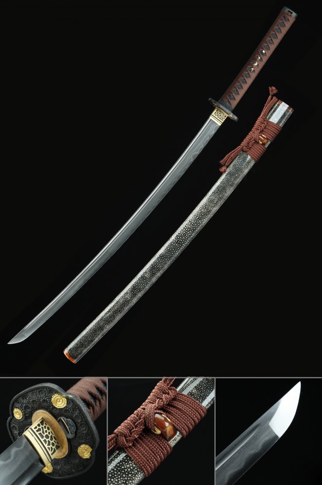 Damascus Steel Japanese Katana with Real Hamon - Clay Tempered, Pearl Rayskin Saya, Full Tang