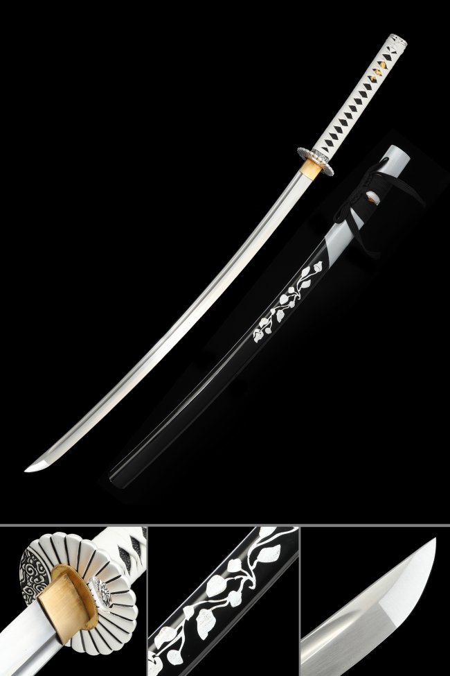 1060 Carbon Steel Katana with White Tsuka, Black Lacquer Saya in Floral Pattern
