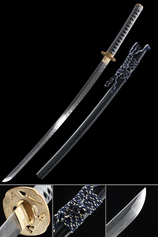Damascus Steel Katana with Folded Blade, Gold Tsuba - Black Lacquer Saya, Blue-White Sageo