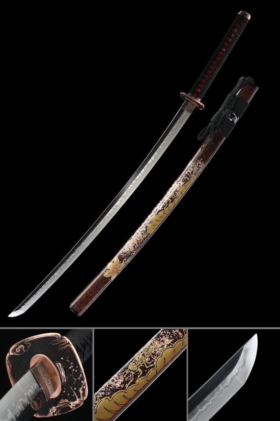T10 Carbon Steel Katana with Hamon in Rose Gold Tsuba & Hand-Painted Dark Red Saya