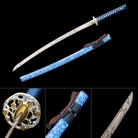 Handmade Japanese Samurai Sword 1045 Carbon Steel With Blue Scabbard