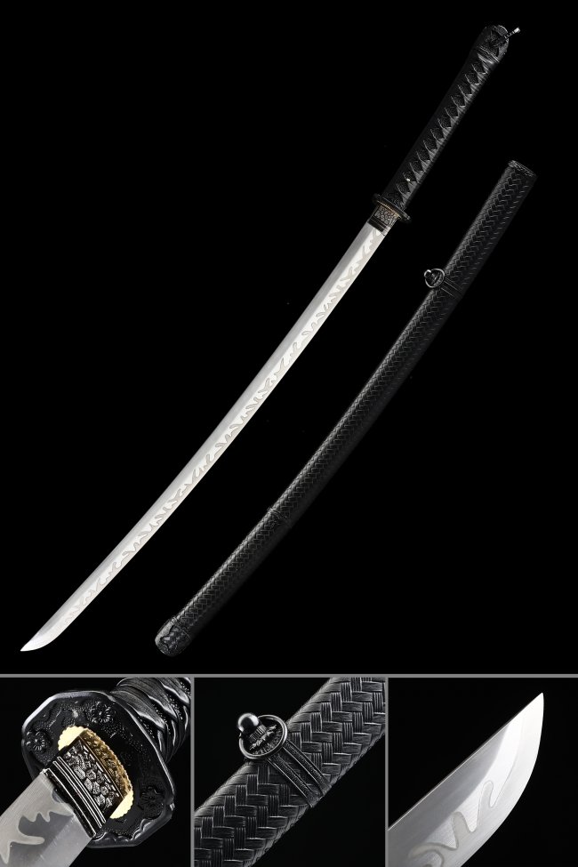 Shin Gunto Katana Manganese Steel Wave-Engraved Blade with Black Leather Saya - WWII Officer Style