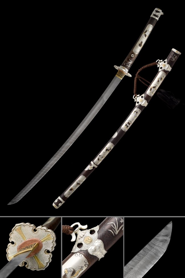 Tachi Sword Manganese Steel Blade with Chrysanthemum Alloy Tsuba - Dark Red White Saya Collectible