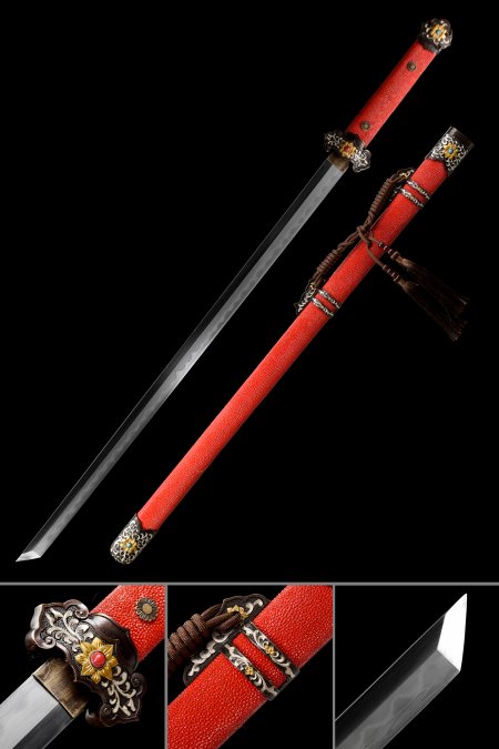 Handmade Chinese Tang Dao Sword With Red Rayskin Scabbard And Handle