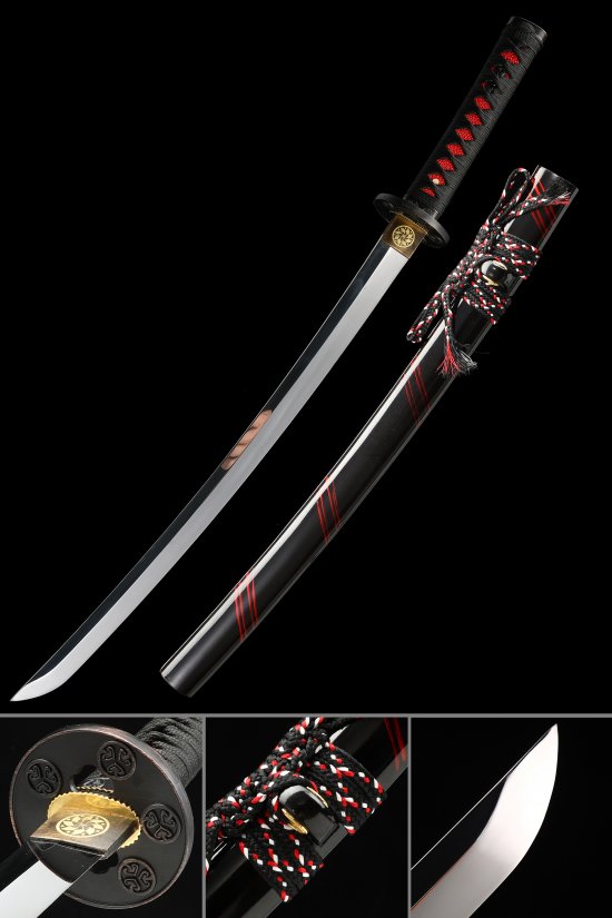 1095 Carbon Steel Wakizashi in Black Lacquer Saya with Red Lightning Accents - Short Katana