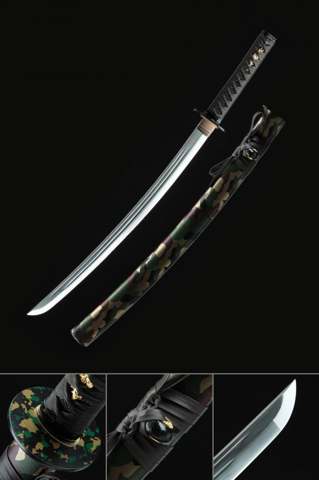 1095 Carbon Steel Wakizashi with Camouflage Hardwood Saya and Black Tsuka Wrap