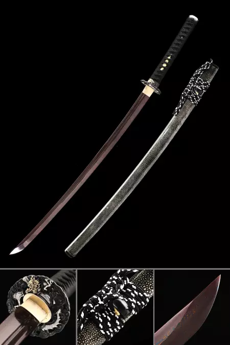 Espada Samurai Japonesa Hecha A Mano Acero De Damasco Con Hoja Roja