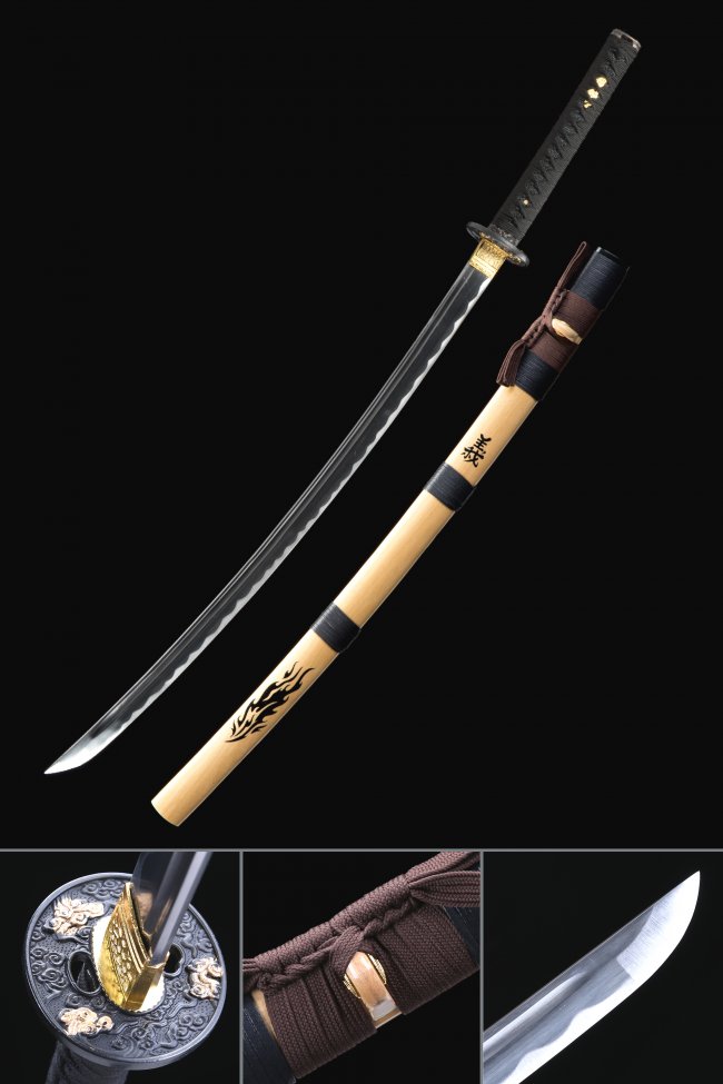 1060 Carbon Steel Katana with Natural Hardwood Saya - Flame Motif, Cloud Tsuba, Full Tang