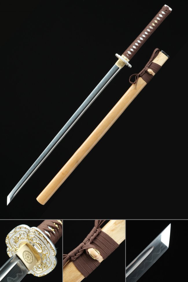 T10 Carbon Steel Chokuto Ninjato with Real Hamon - Natural Wood Saya, Brown Ito, Gold-Silver Tsuba