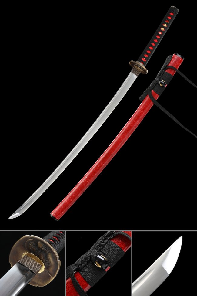 Spring Steel Katana with Red Lacquered Hardwood Saya - Black & Red Tsuka, Bronze Tsuba