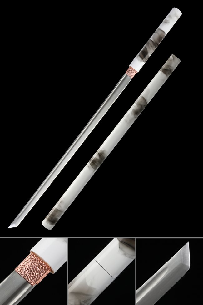 1060 Carbon Steel Stick Sword in Marble White Lacquer Saya with Rose Gold Collar