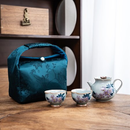 Handmade Floral Ceramic Tea Set With Convenient Travel Bag