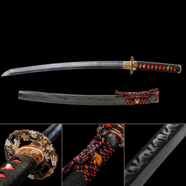 T10 Steel Wakizashi with Real Hamon, Gold-Brown Flower Tsuba in Black-Red Rayskin Koshirae