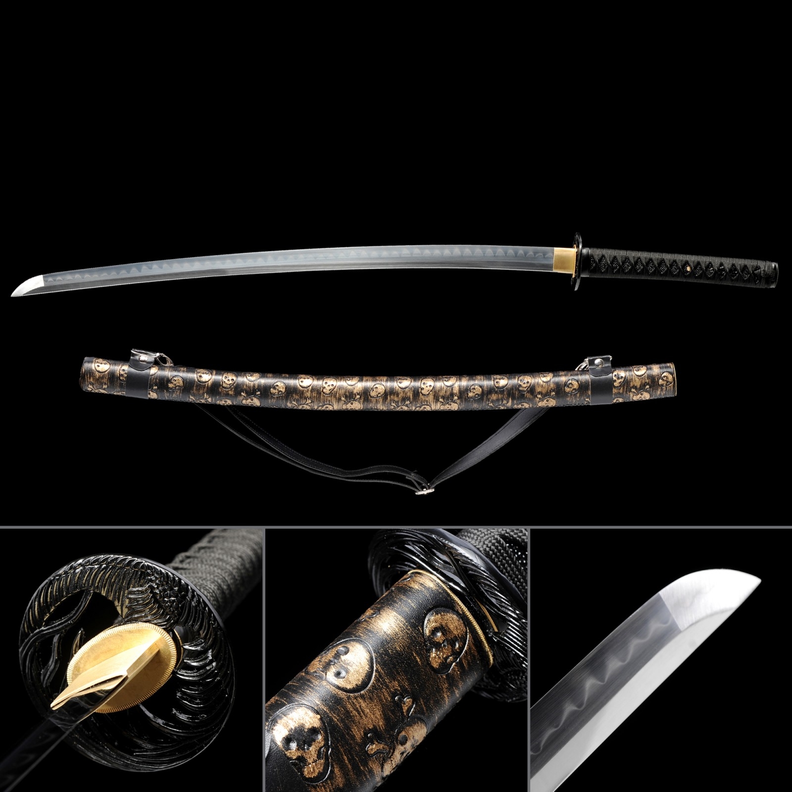 Black Skull Theme Full Tang Handmade Real Hamon Japanese Katana Samurai ...