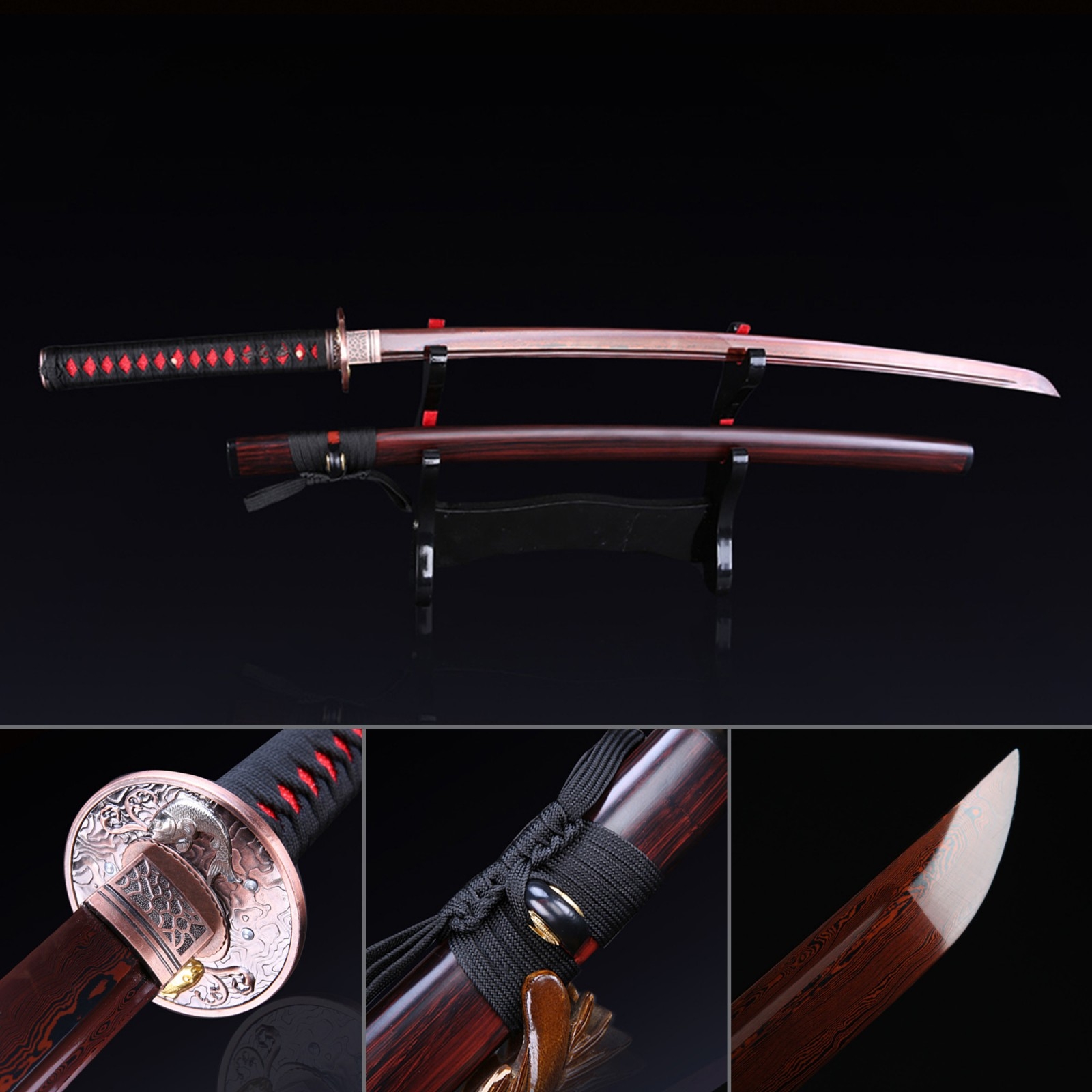 Handmade Damascus Steel Red Plated Real Katana Japanese Samurai Sword ...