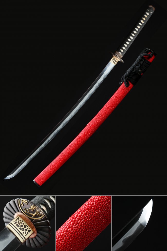 T10 Steel Clay Tempered Katana with Real Hamon - Red Rayskin Saya, Black Cord Handle