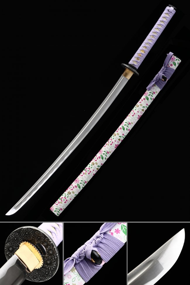 1060 Carbon Steel Katana with Floral White Saya - Purple Ito & Chrysanthemum Tsuba