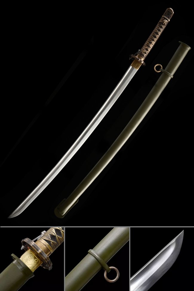 Ornate Scroll Tsuba 1095 Carbon Steel Katana, Full Tang, Handcrafted & Green Saya