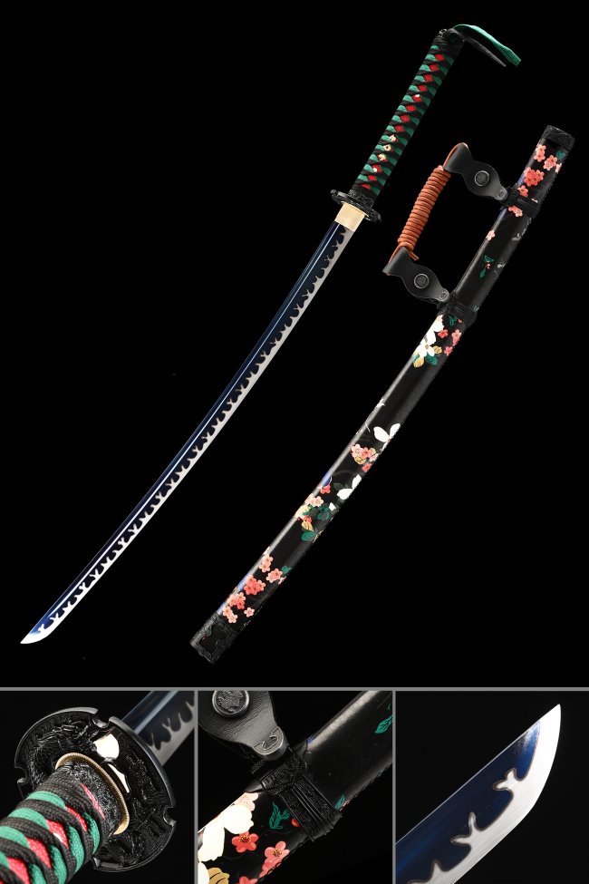 Odachi Sword High Manganese Steel Blue Blade with Floral Black Saya & Dragon Tsuba