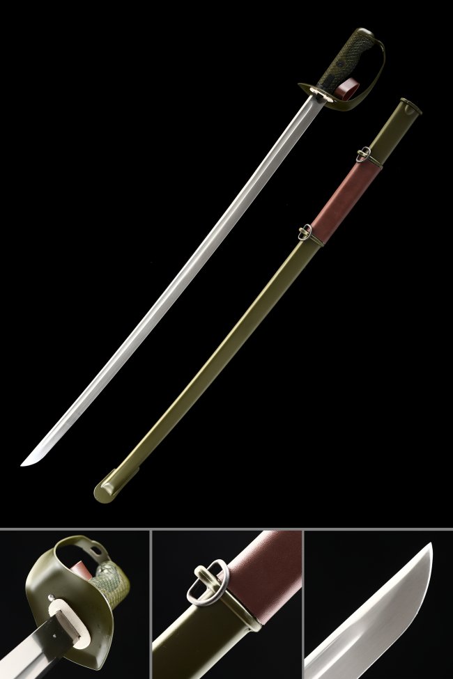 Military Plain Tsuba Stainless Steel Katana, Dark Green Saya, Dark Green Tsuka & Olive Finish