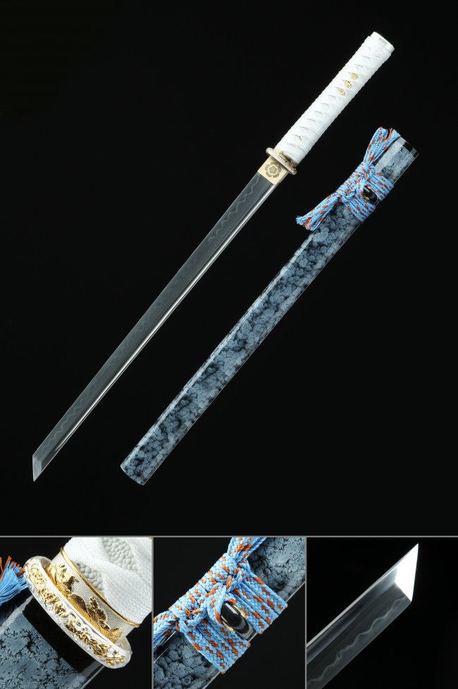 T10 Carbon Steel Ninjato with Blue Marble Saya, White Tsuka & Gold Chrysanthemum Tsuba