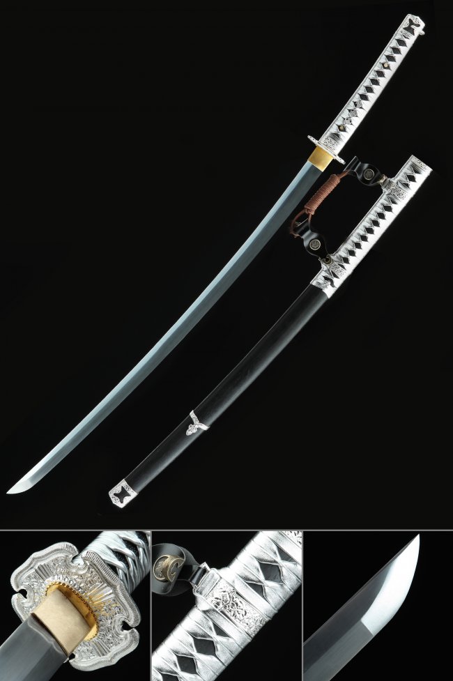 Nodachi Sword High Manganese Steel Full Tang - Silver-Black Tsuka, Black Lacquer Saya