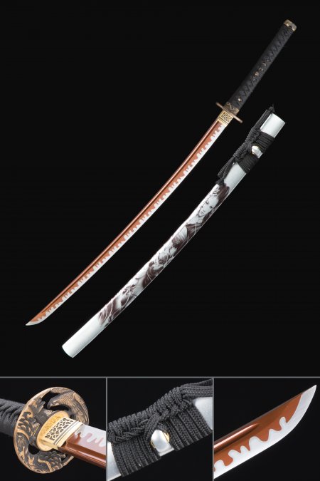 Hamon Katana, Handmade Japanese Sword High Manganese Steel With Red Blade
