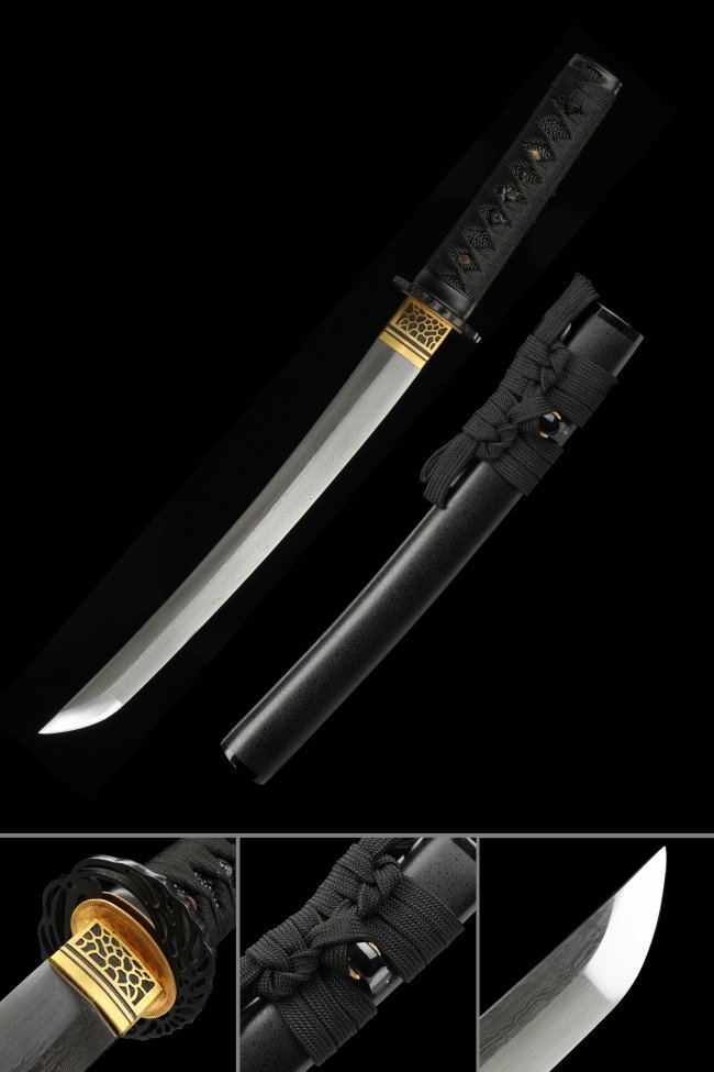 Damascus Steel Tanto in Black Lacquer Saya - Gold Geometric Tsuba, Black Cord Handle, Hamon Blade