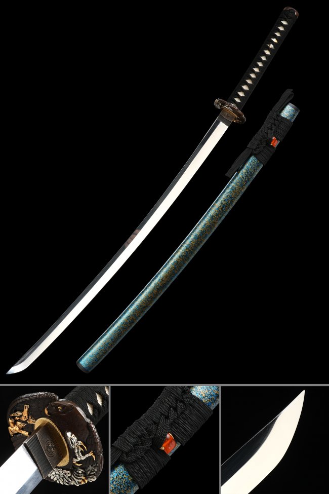 Dragon Tsuba 1095 Carbon Steel Katana, Handcrafted, Blue Gold Saya & Black Tsuka