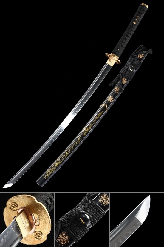 T10 Carbon Steel Katana with Black Lacquer Crane Saya & Gold Tsuba - Hamon Blade