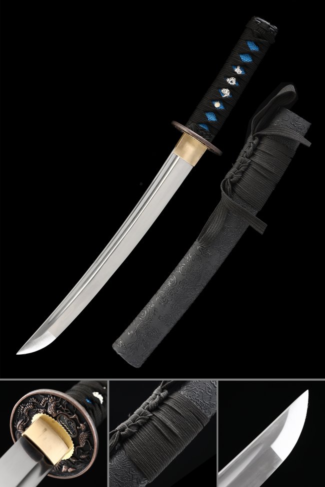 T10 Steel Tanto Sword with Dragon Tsuba in Black Cord Wrap and Blue Samegawa - Full Tang Collectible