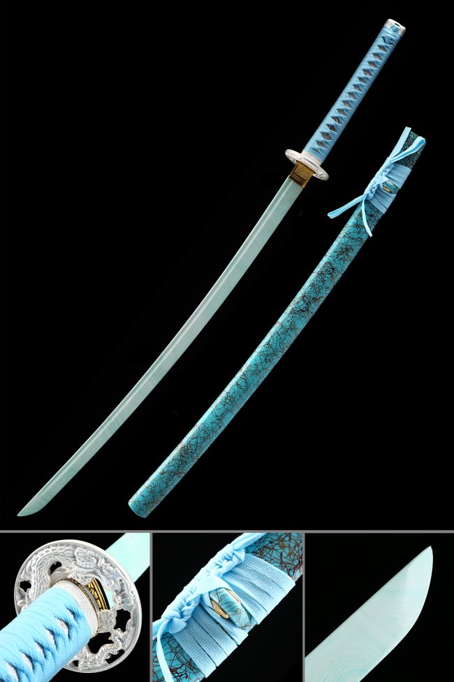 1045 Carbon Steel Katana with Teal Blade and Dragon Tsuba in Blue Saya - Full Tang Collectible Sword