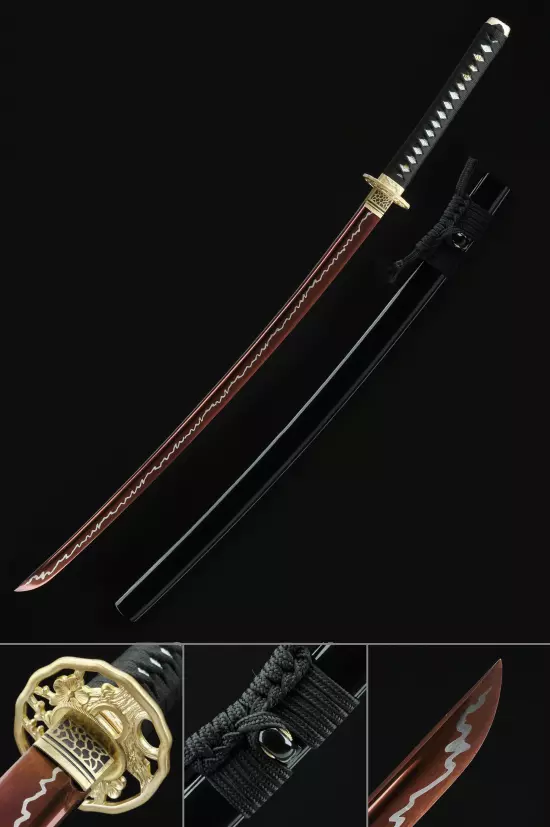 Japanese Samurai Katana: Gold Lightning Blade, Red Blade, Handmade, Full Tang, White Samegawa