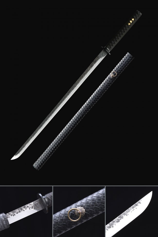 Manganese Steel Ninjato with Hammered Blade & Black Leather Saya - Full Tang Ninja Sword