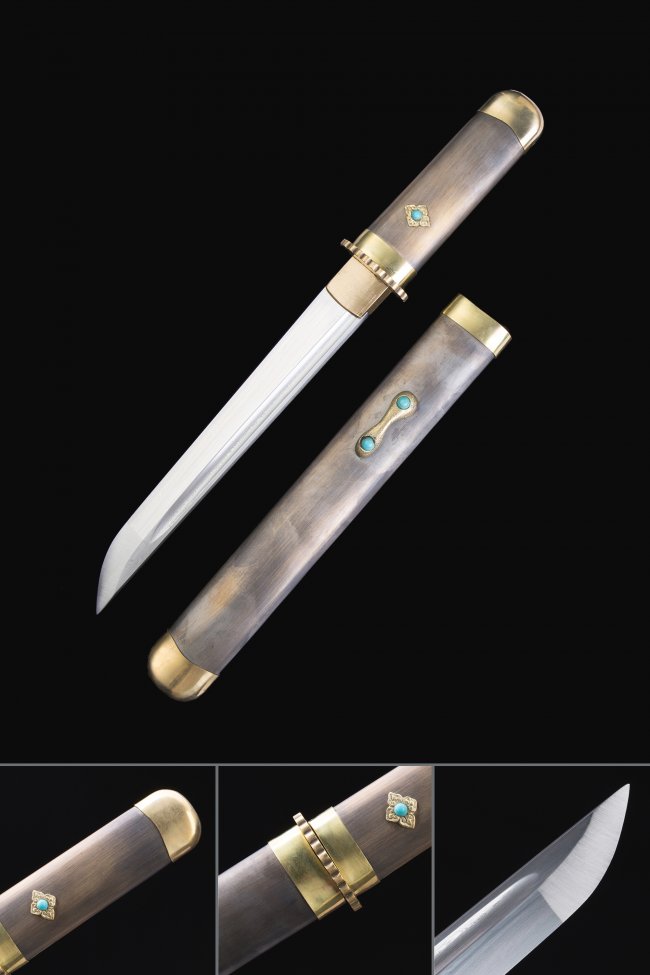 Damascus Steel Aikuchi Tanto in Gray Hardwood Saya with Gold Fittings and Turquoise Accents