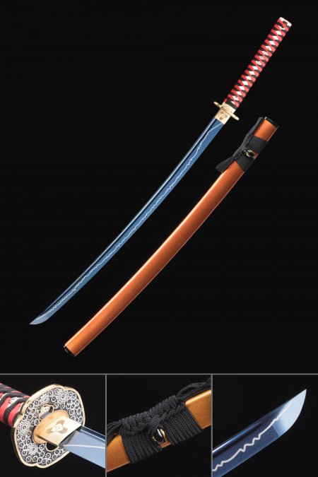 Blue Blade Katana, Handmade Japanese Katana Sword High Manganese Steel With Orange Scabbard