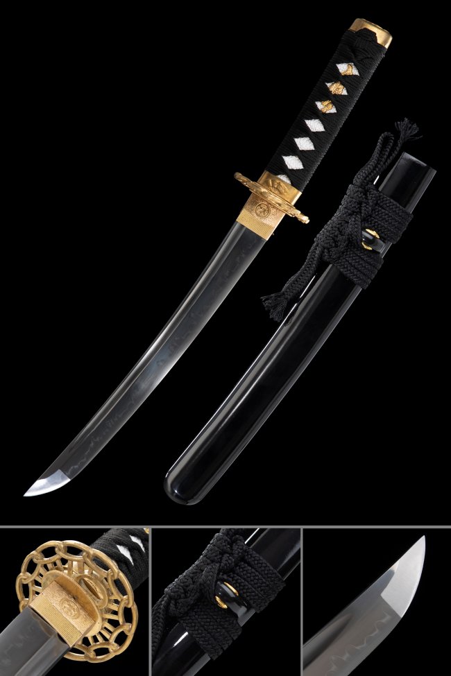 T10 Carbon Steel Tanto with Real Hamon - Black Saya, Gold Alloy Tsuba, Black-White Cord Handle