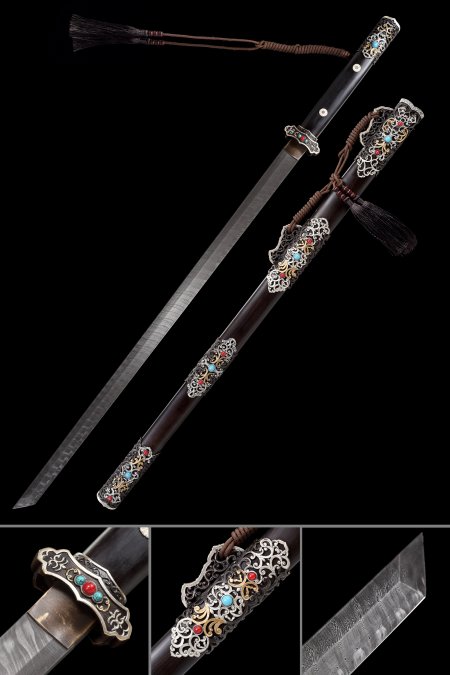 Handmade Chinese Tang Dao Sword Pattern Steel With Black Saya