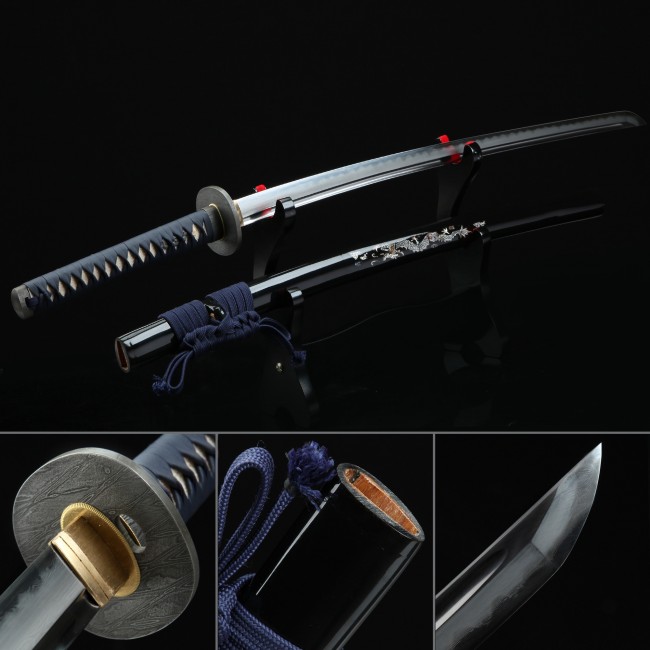 Damascus Steel Katana with Real Hamon in Black Lacquer Saya - Dark Blue Tsuka Wrap
