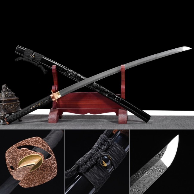 Damascus Steel Full Tang Katana with Copper Tsuba and Black Piano Lacquer Saya - Folded Steel Samurai Sword