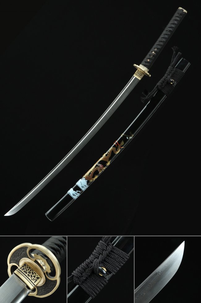 Damascus Steel Full Tang Katana with Dragon-Painted Black Saya and Copper Snake Tsuba - Collectible Sword